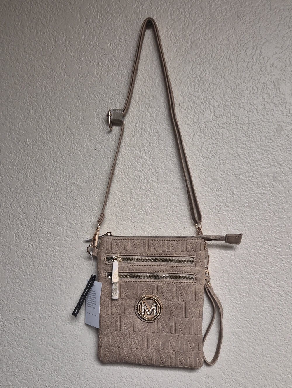 Neutral Taupe Crossbody Bag with Signature Emblem
